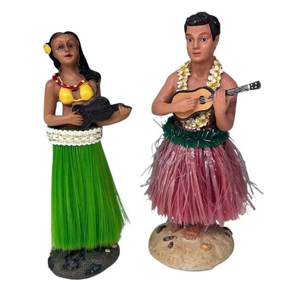 Hawaiian Hula Couple Bobble Head Dashboard Resin Doll Figurine 6.5" Multicolor - Picture 1 of 8